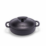 Black enameled cast iron braiser by BUCHYMIX Nigeria, 5-quart size, with a smooth glossy finish and sturdy handles.