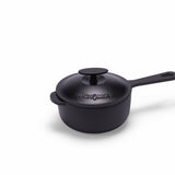 Black enameled cast iron saucepan with lid, 2-quart capacity, by BUCHYMIX NIGERIA, featuring a sturdy handle and smooth finish.