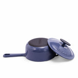 Blue 2-quart enameled cast iron saucepan with lid by BUCHYMIX Nigeria, featuring a smooth enamel finish and sturdy handle.