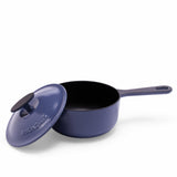 Blue 2-quart enameled cast iron saucepan with lid by BUCHYMIX Nigeria, showing a smooth, glossy finish and sturdy handle.