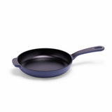 Blue enameled cast iron skillet by BUCHYMIX NIGERIA, showing a smooth, glossy surface and sturdy handle for versatile cooking.