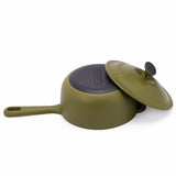 Green enameled cast iron saucepan with lid, 2-quart capacity, by BUCHYMIX Nigeria, ideal for cooking and simmering dishes.