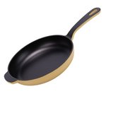 Yellow enameled cast iron skillet from BUCHYMIX NIGERIA, showcasing its durable, smooth enamel surface and classic round shape.
