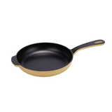 Yellow enameled cast iron skillet by BUCHYMIX NIGERIA, showcasing its smooth, durable surface and sturdy handle.