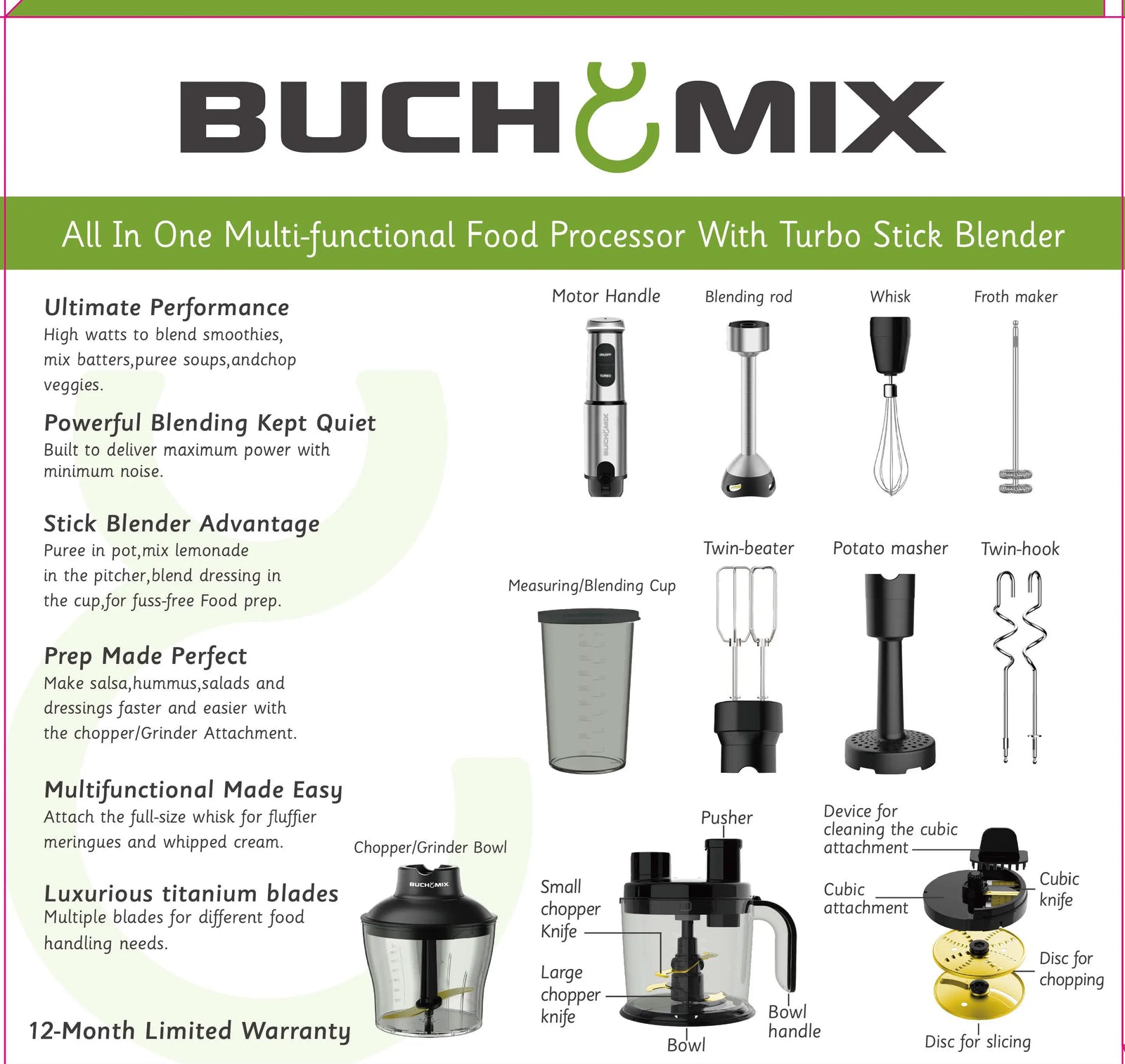 Buchymix Professional Series Prep Easy 7-Cup Food Processor – 700W – Black/Silver – BF92022P