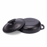 Black enameled cast iron braiser by BUCHYMIX NIGERIA, 5-quart size, with a smooth glossy finish and sturdy handle.