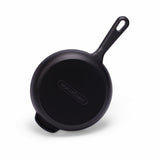 Black enameled cast iron skillet by BUCHYMIX NIGERIA, showcasing a durable, smooth-coated cooking pan with sturdy handle.