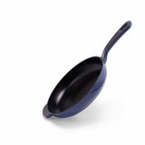 Blue enameled cast iron skillet by BUCHYMIX NIGERIA, showing a smooth, durable cooking surface and sturdy handle.