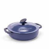 Blue enameled cast iron braiser, 5-quart size, from BUCHYMIX Nigeria, shown in a close-up image for web.