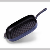 Blue 12-inch enameled cast iron grill pan by BUCHYMIX Nigeria with ridged cooking surface for grilling indoors.