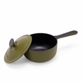 Green enameled cast iron saucepan with lid, 2-quart capacity, from BUCHYMIX NIGERIA, ideal for cooking and simmering.