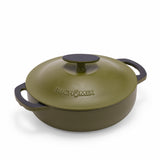 Green enameled cast iron braiser, 5-quart size, from BUCHYMIX Nigeria, shown with a smooth, glossy green finish.