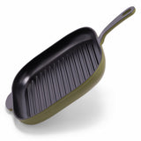 Green 12-inch enameled cast iron grill pan by BUCHYMIX NIGERIA with ridged surface for grilling and searing.