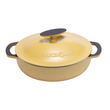 Yellow enameled cast iron braiser, 5-quart capacity, by BUCHYMIX NIGERIA, showcasing its smooth, glossy finish and sturdy handle.