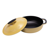 Yellow enameled cast iron braiser by BUCHYMIX NIGERIA, 5-quart size, with a smooth enamel coating and sturdy handles.